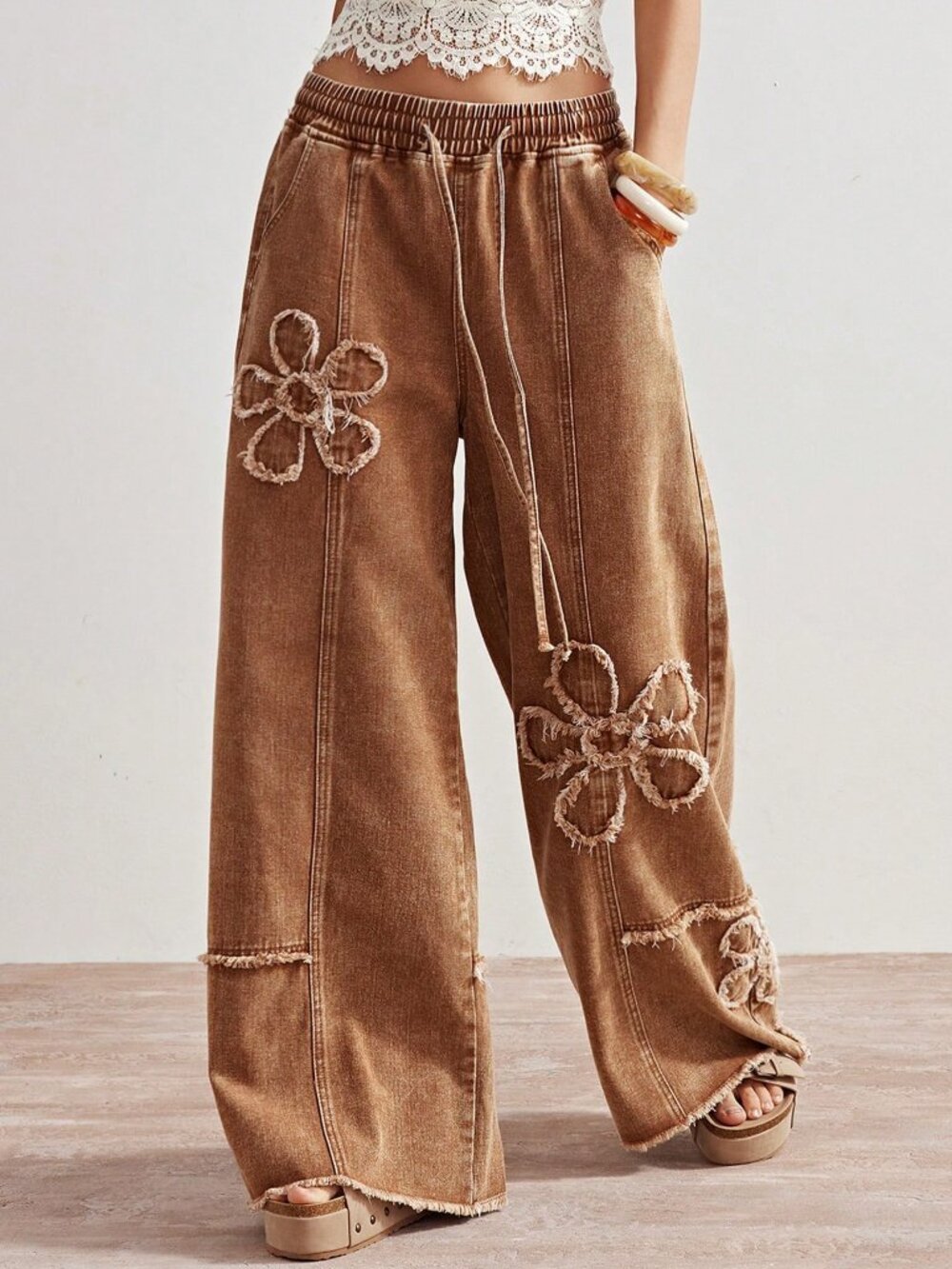 Brown Casual Women's Floral Detail Wide Leg Pants - Picture 4 of 7